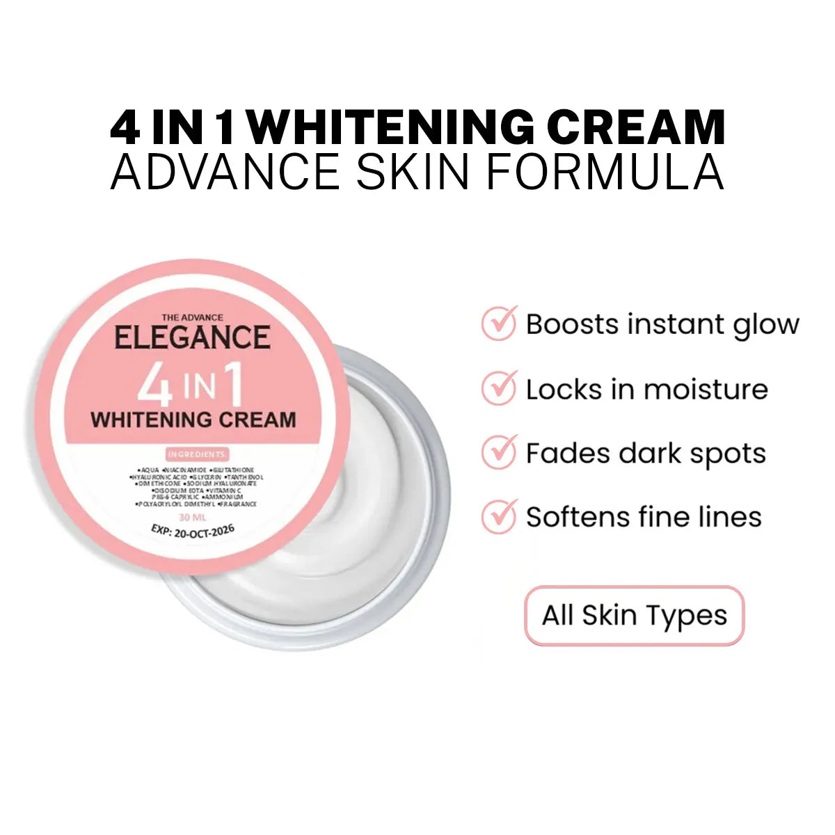UPTOWN LA 4 IN 1 Whitening Cream – Advanced Skin Brightening Formula with Glutathione, Vitamin C, Niacinamide & Hyaluronic Acid | 30ml